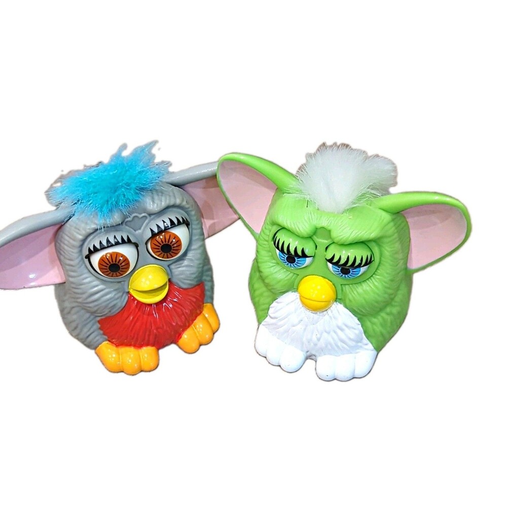 Furby Character Family Toys Lot of 2 Gray/Red Blue Hair & Green/White White Hair